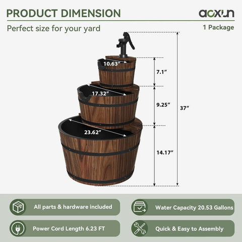 Rustic Wood Barrel 3 Tier Outdoor Water Fountain With Electric Hand Pump Cascading Waterfall For Garden, Backyard, Patio, Porch