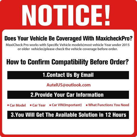 Notice for All In One Auto Bleed Scan Tool For ABS Bleeding And OBD2 SRS Diagnostics, compatibility check instructions.