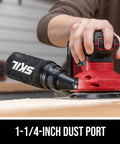 Cordless 20 Volt Brushless Random Orbital Sander Kit With 2 Amp Battery Charger Dust Bag And Sandpaper Packs, close-up of dust port while sanding.