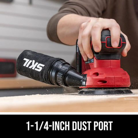 Cordless 20 Volt Brushless Random Orbital Sander Kit With 2 Amp Battery Charger Dust Bag And Sandpaper Packs, close-up of dust port while sanding.