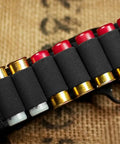 Close-up of Ten Pack Seven Round Side Saddle Shell Carrier for 12 and 20 gauge shotguns with MOLLE pouch and hook and loop fastener.