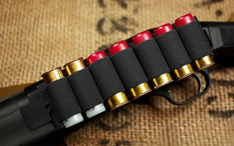Close-up of Ten Pack Seven Round Side Saddle Shell Carrier for 12 and 20 gauge shotguns with MOLLE pouch and hook and loop fastener.