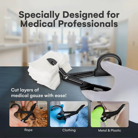 7.5 Inch Trauma Shears For Left Or Right Hand, Premium Stainless Steel Medical Scissors With Non Stick Coated Blades, Fluoride Coated Nurse Scissors, Durable Black Nursing Shears For Easy Cutting, cutting gauze in medical setting