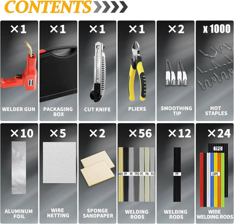 Contents of Powerful 220W 2 In 1 Pro Grade Plastic Welder Kit with 1000 Hot Staples and 92 Welding Rods shown in grid layout.