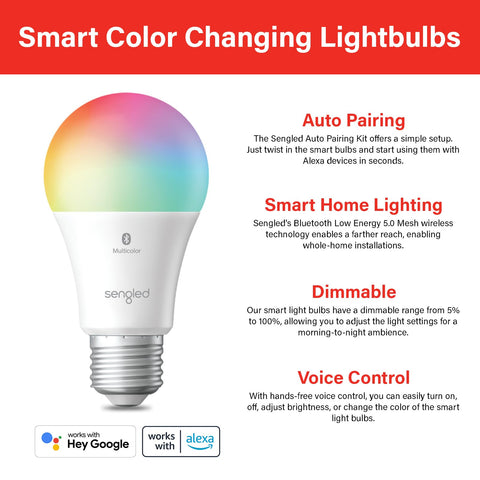 Smart LED Bulbs Color Changing Dimmable A19 With Alexa And Bluetooth Mesh No Hub Needed Multicolor 800 Lumens 8.7W High CRI Quick Setup And Hands Free Voice Control For Bright Cozy Home