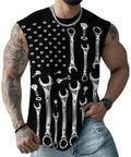 Mens Sleeveless Crew Neck Muscle Tank Top With A Fire Car Mechanic American Flag Print, featuring wrenches and bolts design, casual wear.