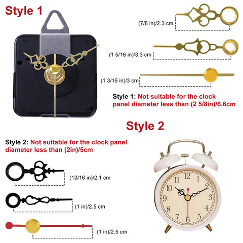 Two styles of hands and clocks for Three Piece Silent Clock Mechanism Kit With Eight Short Hands Battery Operated Quartz Movements In 16Mm 20Mm And 23Mm Shaft Lengths For No Fuss Easy DIY Clock Repair And Replacement.