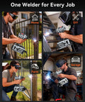 Four images showing the Your Go To 110V Portable Arc Welder With LCD Display And 200A IGBT Inverter used in home, DIY, farm, and garage settings.