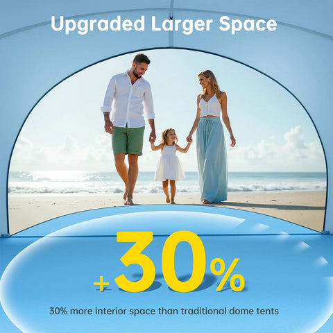 Family using Beach Shade Tent With UPF50 UV Protection, Portable Sun Shelter For 1 To 3 People, Easy Setup Beach Tent with two doors
