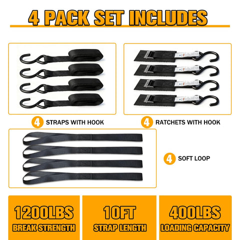 1 Inch By 10 Foot Motorcycle Tie Down Straps With Cam Buckle Quick Release 1200 Pound Break Strength 4 Pack components
