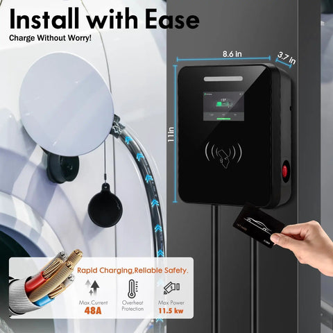 High Speed Level 2 EV Charger 11.5kW 240V J1772 with 20ft NEMA 14-50 Cable showing installation and dimensions