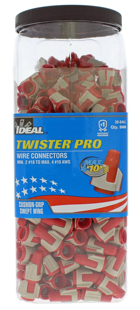 Twister Pro Wire Connectors Jar Of 500 Smooth Twist On Nuts For 22 To 8 AWG With SureGrip Comfort Overmold Expanded Wing Design