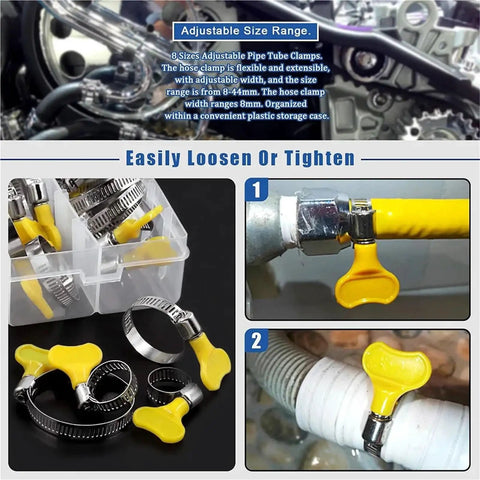 Get A Total Of 76 Adjustable Hose Clamps In One Sweet Combo Kit Plus Stepless Worm Gear Clamps For Any Car Or Bike Pipe From 8 To 44Mm Made With High Grade Stainless Steel And Easy Grip Plastic Handles That Make DIY Fix-ups Super Dope Today. stainless steel hose clamps with yellow handles in storage case, 8-44mm