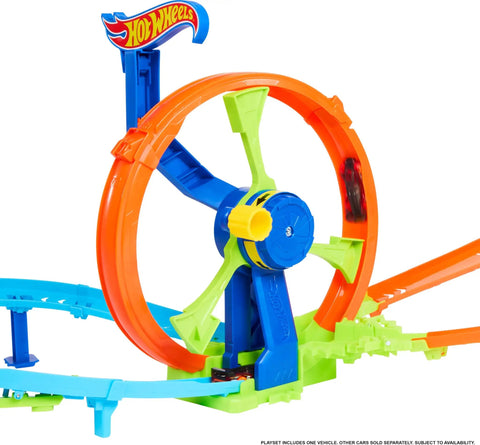 Close-up of Launch And Loop Toy Car Track Set With Cranked Wheel Booster And Figure Eight Crash Zone, vibrant colors.