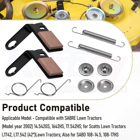 2 Pack Brake Pad Kit With Retainer And Torsion Springs For 42 Inch Deck Tractors and Lawn Mowers, components displayed