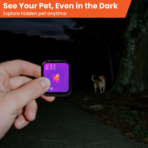 Person holding Pocket Sized Thermal Camera With Touchscreen No App Needed 80x60 Infrared Imager for Home Inspection Detect Hidden Cameras and Water Leaks Compact Handy Tool with pet figure on screen, outdoors at night.