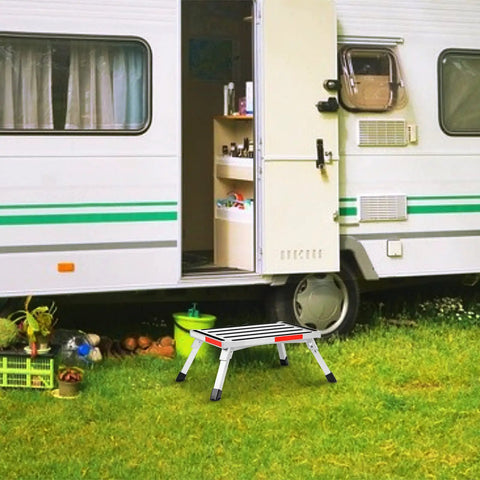 Beefy Heavy Duty Aluminum RV Steps Folding Platform Stool with anti-slip surface, reflective strips, and rubber feet next to RV.