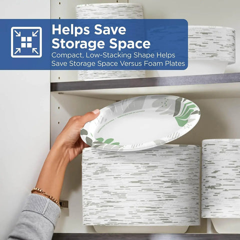 Top Shelf Pathways Heavy Weight Plates In Crisp White Measuring Eight And A Half Inches stacked in storage, showcasing space-saving design.