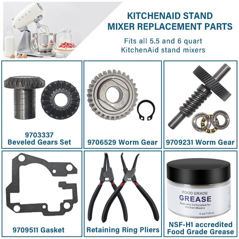 Worm Gear Kit For 5Qt And 6Qt Mixers Replacement Parts With Bevel Gear Kit Worm Follower Gear Gasket Thrust Bearing And Snap Ring Includes 9706529 W11086780 9709511 9703337 9709231