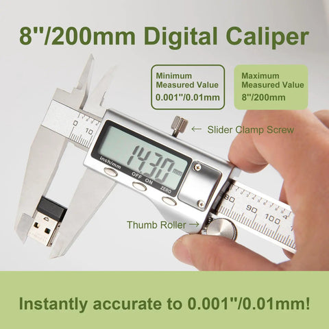 Beefy All Metal Digital Caliper With Zero To Eight Inch Range Auto Off And Depth And Step Measuring Two Jaws For Inside And Outside Measurements Switchable Inches Or Millimeters For DIY Projects Household Tasks And 3D Printing displaying digital screen and measurement scale