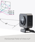 4K USB Webcam With Microphone And Detachable Stand, Autofocus, 62° field of view, diagram showing angles, black webcam design.