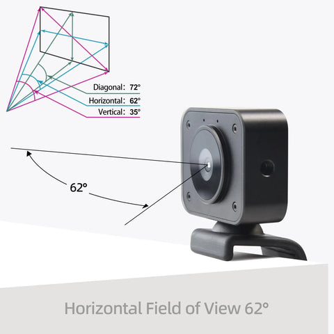 4K USB Webcam With Microphone And Detachable Stand, Autofocus, 62° field of view, diagram showing angles, black webcam design.
