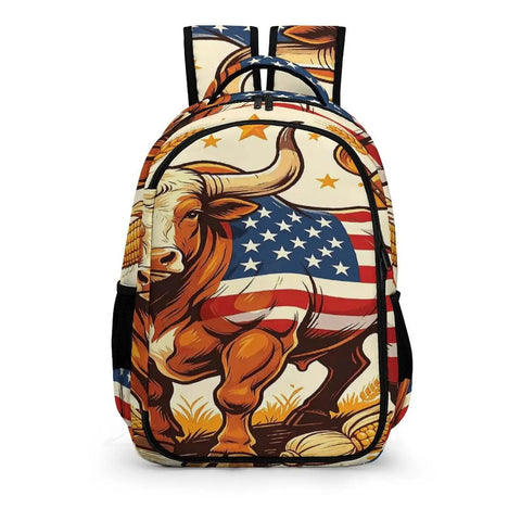 Farmland Patriotic Bull Print Unisex Backpack Large Capacity Durable Polyester Daypack With Breathable Fabric Easy Clean Material
