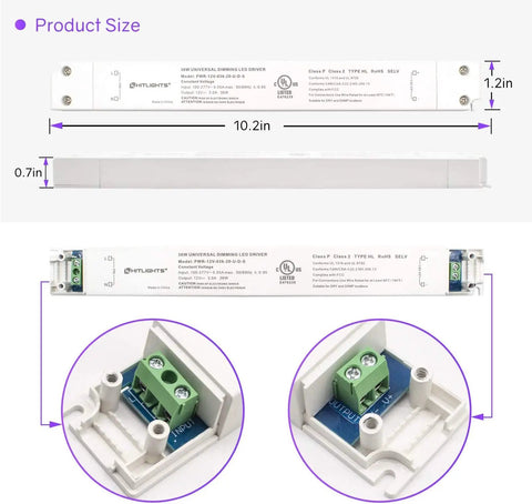 Dimmable LED Driver Transformer 36W Power Supply Converts 100-277V AC To 12V DC For LED Strip Lights, product size shown
