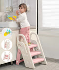 Pretty Darn Versatile Foldable Toddler Step Stool For Bathroom Sink And Kitchen Counter With Adjustable Height Settings And Safe Handles To Make Potty Training An Absolute Dream For Growing Kids In Soft Pink in use.