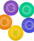 Colorful silicone drain strainers, 5.12in round, ideal for preventing hair clogs in shower drains and bathtubs.