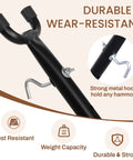 Close-up of Heavy Duty Adjustable Steel Hammock Stand For 9 Foot Hammocks Built Tough Weather Resistant 450 Pound Capacity Easy To Assemble Outdoor Backyard Patio Comfort And Relaxation, showing metal hooks.