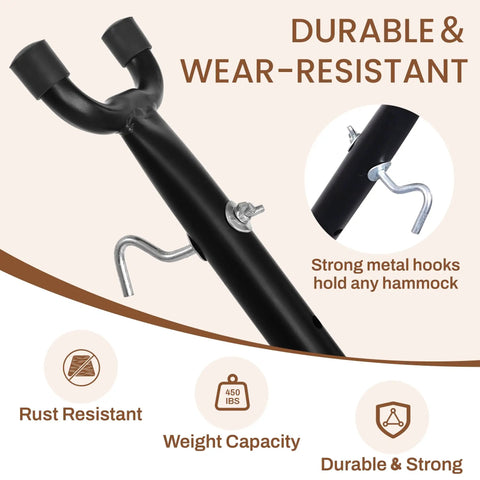 Close-up of Heavy Duty Adjustable Steel Hammock Stand For 9 Foot Hammocks Built Tough Weather Resistant 450 Pound Capacity Easy To Assemble Outdoor Backyard Patio Comfort And Relaxation, showing metal hooks.
