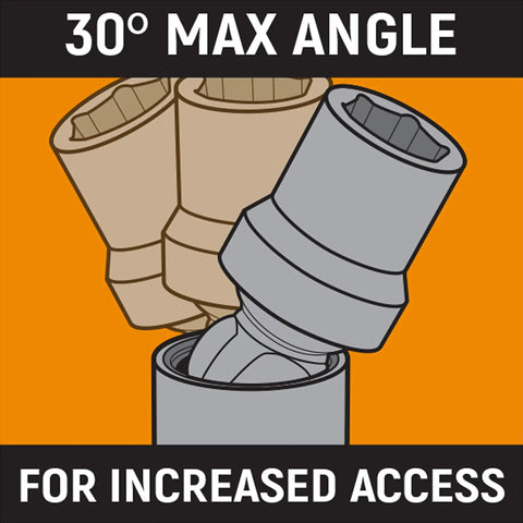 Diagram showing 30-degree angle feature of Seven Piece Three Eighths Inch Drive XCore Six Point Pinless Universal Impact Socket Set SAE