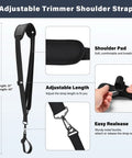 Adjustable shoulder strap for ergonomic trimmer grip with easy release buckle and shoulder pad dimensions shown.