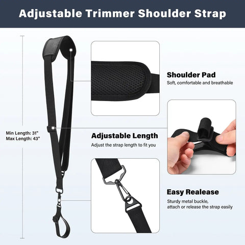 Adjustable shoulder strap for ergonomic trimmer grip with easy release buckle and shoulder pad dimensions shown.