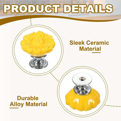 Hella Vintage Floral Ceramic Cabinet Knobs Set of Six Yellow Round Drawer Pulls With All Hardware Included, showing sleek ceramic and alloy materials.