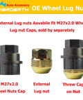 Image showing M27x2.0 wheel nuts cap, external lug nut, and cap on nut for vehicle use.