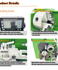 WYDDDARY Eight By Sixteen Inch Precision Benchtop Metal Lathe With Digital Readout DRO And Electronic Variable Speed Control showing grating scale, three-jaw chuck, tailstock, and transmission system.
