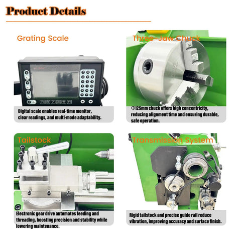 WYDDDARY Eight By Sixteen Inch Precision Benchtop Metal Lathe With Digital Readout DRO And Electronic Variable Speed Control showing grating scale, three-jaw chuck, tailstock, and transmission system.