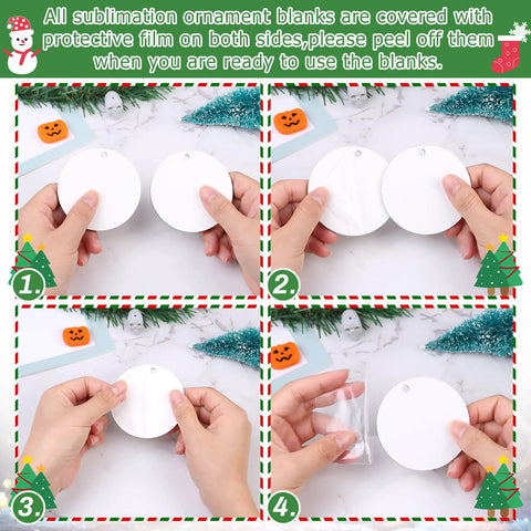 Hands peeling protective film from 30 Pieces 3 Inch Round Sublimation Ornament Blanks For Christmas Tree Decor And DIY Crafts.