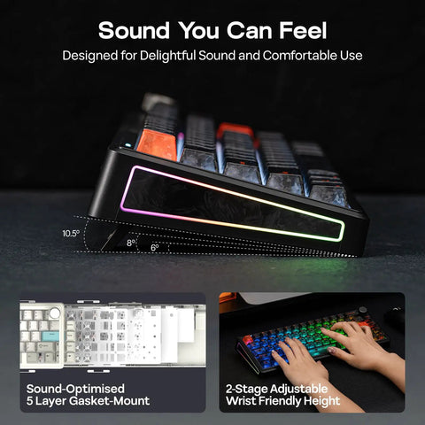 Wireless Mechanical Gaming Keyboard With Rotary Dial Knob And 8000mAh Battery angled view showcasing gasket mount and RGB lighting