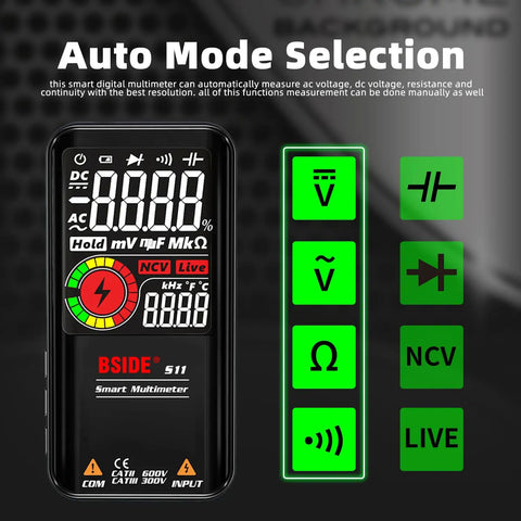 Smart Digital Multimeter 9999 Counts Pocket Voltmeter Rechargeable with Color LCD Display showing auto mode selection icons