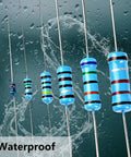 Assorted metal film resistors in water, part of Massive 130 Values Half Watt Metal Film Resistor Kit With One Percent Tolerance 1300 Pieces