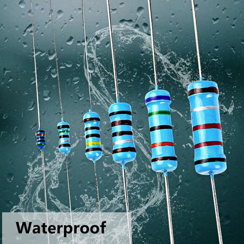 Assorted metal film resistors in water, part of Massive 130 Values Half Watt Metal Film Resistor Kit With One Percent Tolerance 1300 Pieces