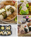 Collage of choxila stainless steel onigiri mold rice balls: triangle shapes wrapped in nori for bento.