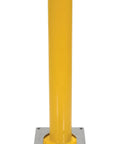 Straight Up Heavy Duty Removable Bollard Base Plate Bolted To Concrete, yellow welded steel safety barrier, secure locking mechanism.