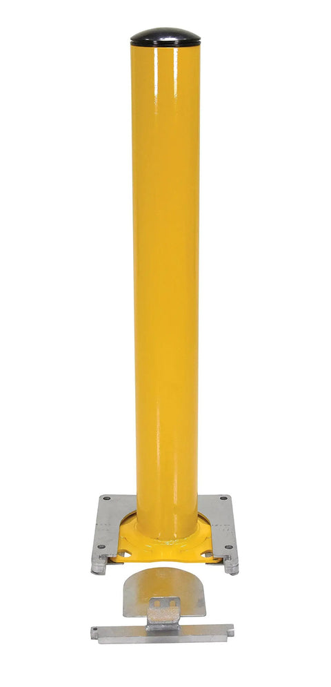 Straight Up Heavy Duty Removable Bollard Base Plate Bolted To Concrete, yellow welded steel safety barrier, secure locking mechanism.