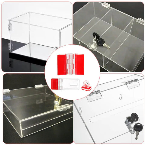 Slick Transparent Acrylic Hinges And Self Adhesive Latch Buckles Kit for secure closures on clear boxes, size 40mm by 14mm.
