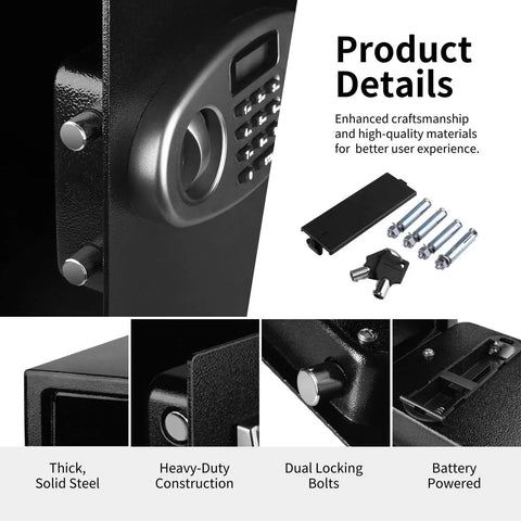 Close-up of heavy duty digital keypad safe box showing lock bolts and accessories for home and office use.