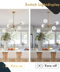 Six Light Modern Sputnik Chandelier Set With Milk Glass Globes For Kitchen Island Pendant Lighting in turned on and off positions.